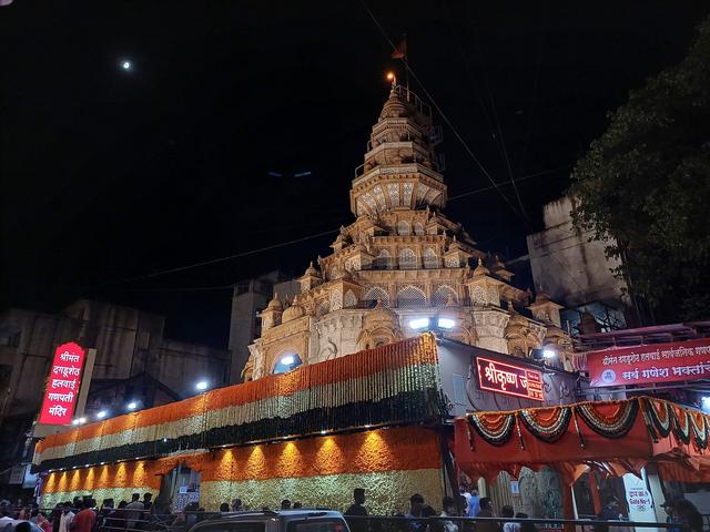 Dagadusheth Halwai Ganpati Temple illuminated (Pune, where the college is located)