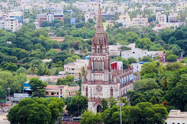 Aerial view of Our Lourdes church in Tiruchirapalli (Trichy, where the college is located)